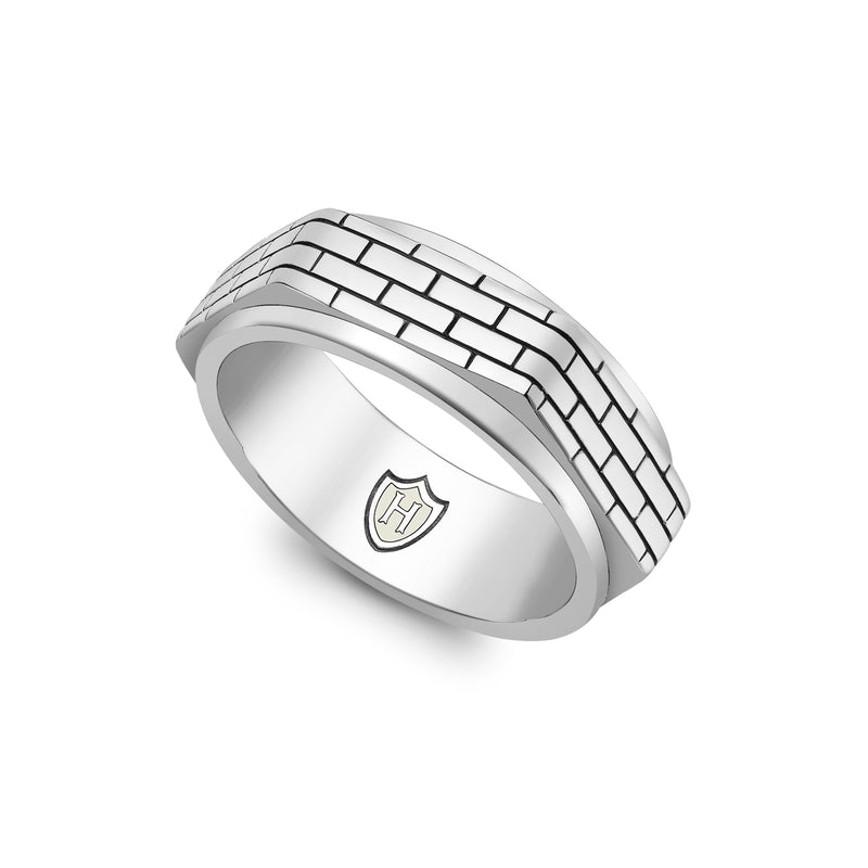 Hoxton London Men's Sterling Silver Brick Patterned Hexagonal Spinning Ring