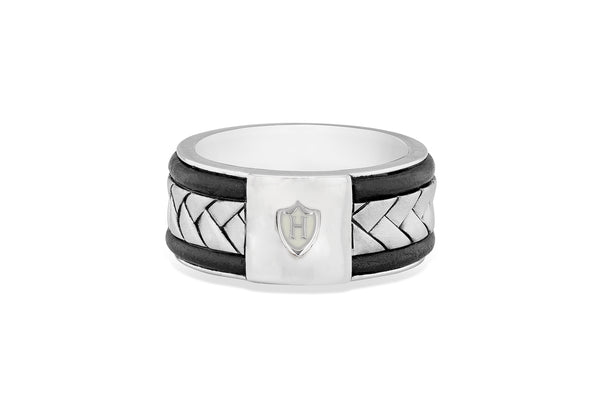 Hoxton London Men's Sterling Silver Herringbone Leather Inlay Ring