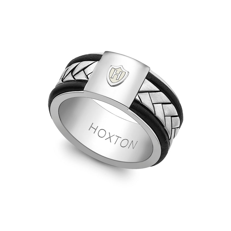 Hoxton London Men's Sterling Silver Herringbone Leather Inlay Ring