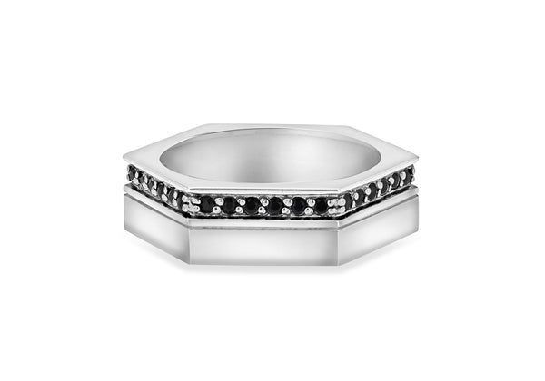 Hoxton London Men's Sterling Silver Black Sapphire Set Hexagonal Ring