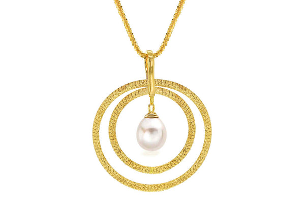 9ct Yellow Gold Pearl and Textured Rings Pendant Heart Slider Necklace  61m/24"9