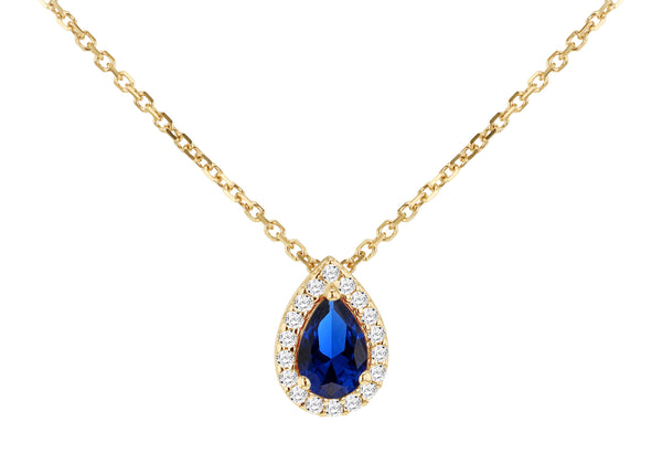 9ct Yellow Gold Pear Blue Zirconia Halo Necklace