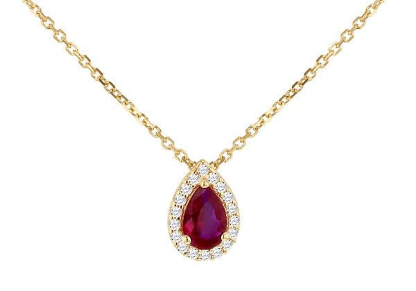 9ct Yellow Gold Red Zirconia Pear Halo Necklace