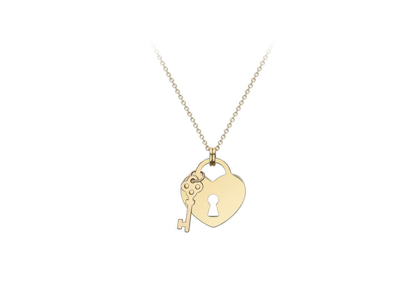 9ct Yellow Gold Heart Padlock and Key Adjustable Necklace  