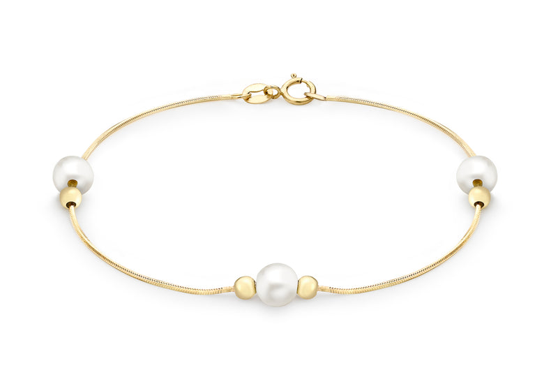 9ct Yellow Gold Pearl and Ball Snake Chain Bracelet 19m/7.5"9