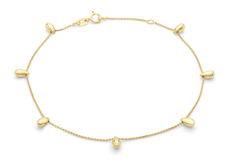9ct Yellow Gold Teardrop Bead Adjustable Anklet