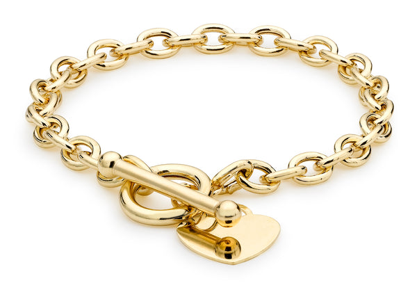 9ct Yellow Gold Oval Belcher  Heart Tag T-Bar Bracelet