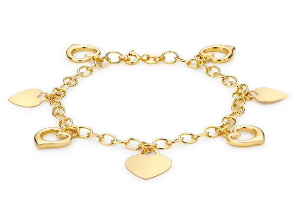 9ct Yellow Gold Heart 7-Charms Bracelet 18m/7"9