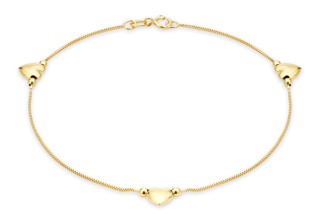 9ct Yellow Gold 3-Heart Charm Box Chain Anklet 26m/10.5"9
