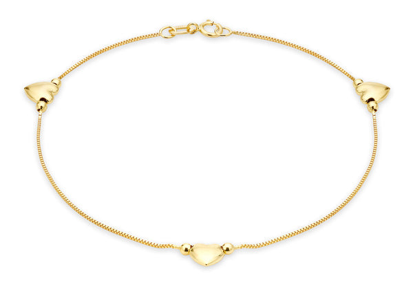 9ct Yellow Gold 3-Heart Charm Box Chain Anklet 26m/10.5"9