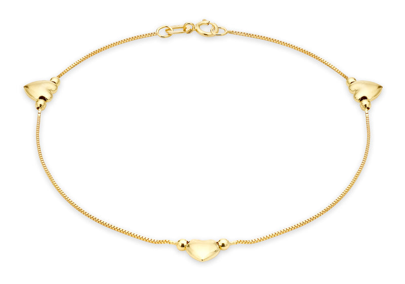 9ct Yellow Gold 3-Heart Charm Box Chain Anklet 26m/10.5"9