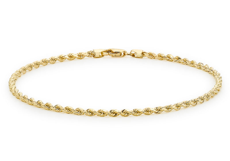 9ct Yellow Gold 30 Hollow Diamond Cut Rope Anklet 25.5m/10"9