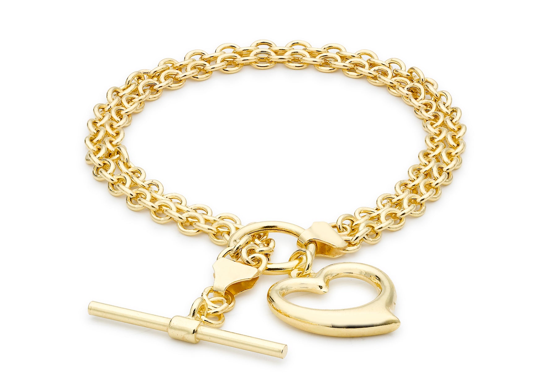 9ct Yellow Gold Double Link T-Bar Heart Bracelet