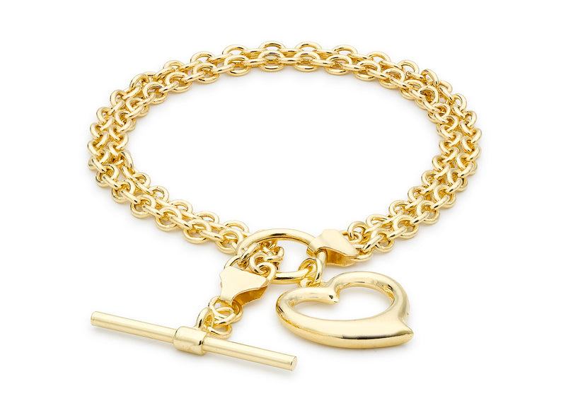 9ct Yellow Gold Heart T-Bar 2-Strand Belcher  Bracelet 19m/7.5"9