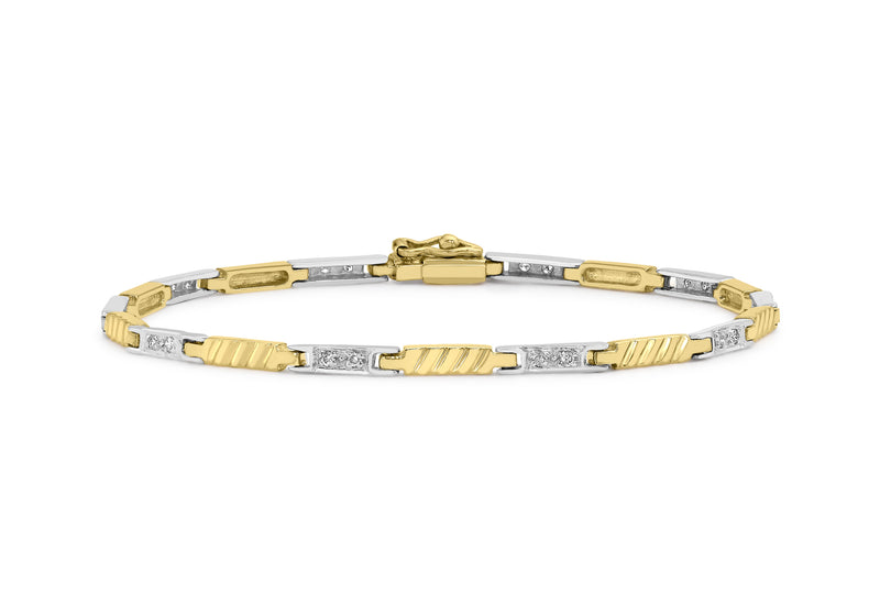 9ct 2-Colour Gold 0.15t Diamond Grooved Bar Link Bracelet 18m/7"9