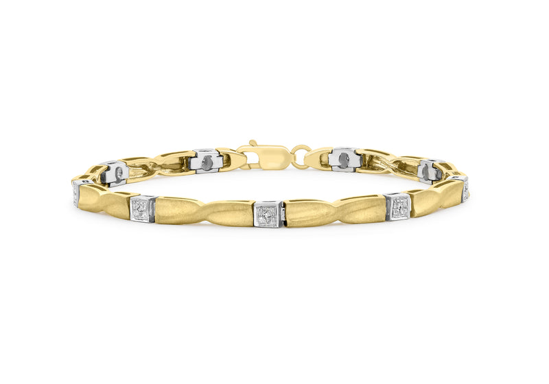9ct 2-Colour Gold 0.04t Diamond Satin Polished Square Link Bracelet 19m/7.5"9
