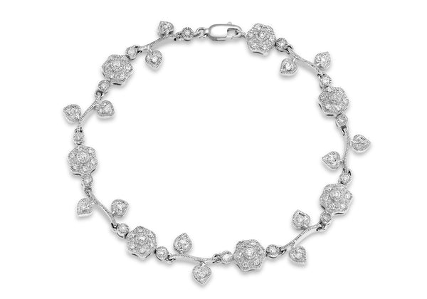 9ct White Gold 1.00ct Diamonds Flower & Leaf Bracelet