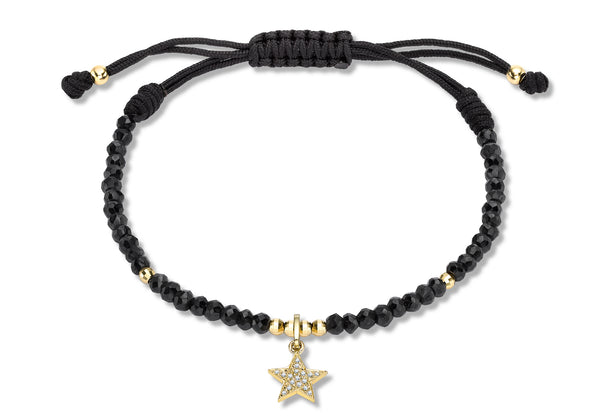 9ct Yellow Gold 0.05t Diamond Star Charm on Adjustable Black Spinel Bracelet 22m/8.5"9