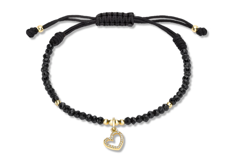 9ct Yellow Gold 0.07t Diamond Heart Charm on Adjustable Black Spinel Bracelet 22m/8.5"9