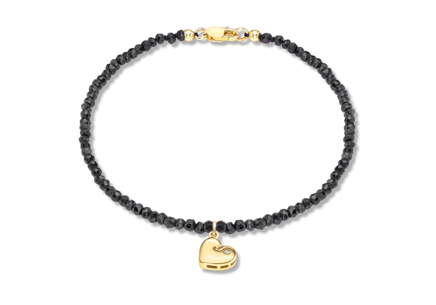 9ct Yellow Gold 0.01t Diamond Set Heart Charm on Black Spinel Bracelet 19m/7.5"9