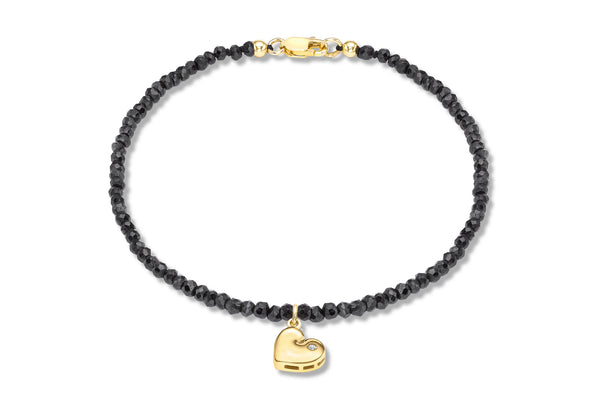 9ct Yellow Gold 0.01t Diamond Set Heart Charm on Black Spinel Bracelet 19m/7.5"9