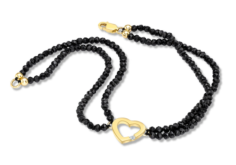 9ct Yellow Gold 0.03t Diamond Set Heart Charm on Black Spinel Bracelet 19m/7.5"9
