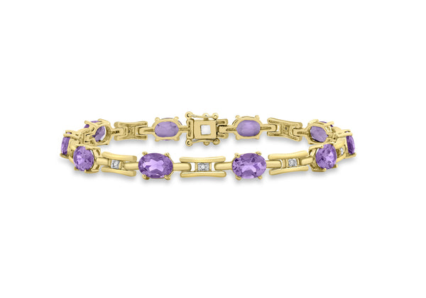 9ct Yellow Gold 0.07t Diamond and Amethyst Oval Link Bracelet 18m/7"9