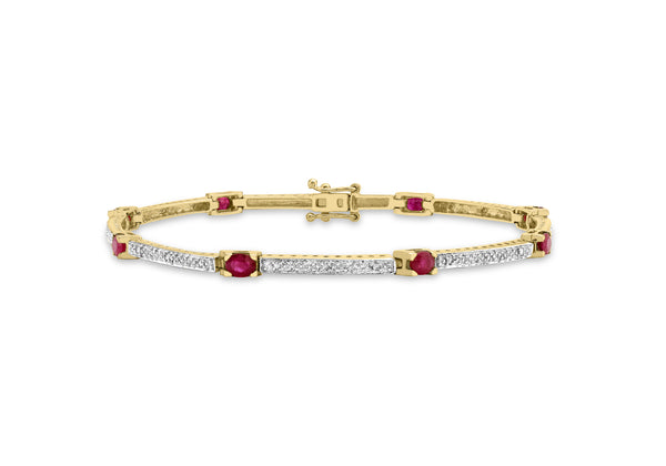 9ct Yellow Gold 0.12t Diamond and Ruby Bar Link Bracelet 19m/7.5"9