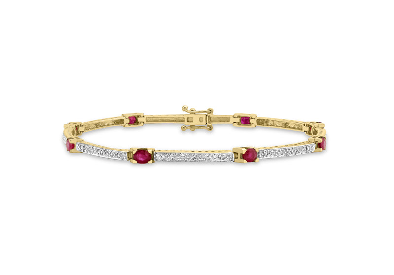9ct Yellow Gold 0.12t Diamond and Ruby Bar Link Bracelet 19m/7.5"9