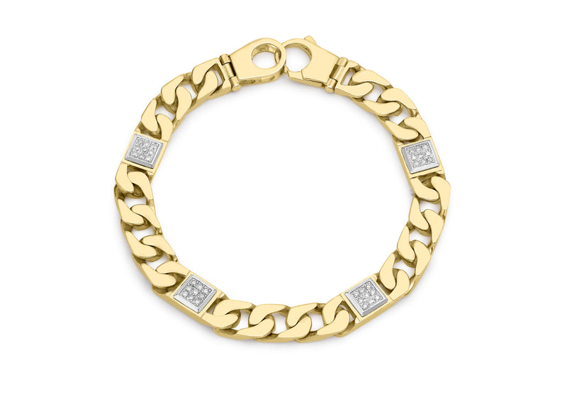 9ct Yellow Gold 0.30t Diamond Men's Square Link Curb Bracelet 20.3m/8"9