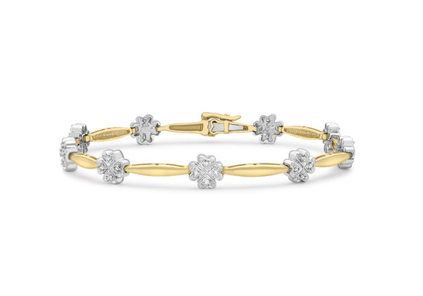 9ct 2-Colour Gold 0.25t Diamond Flower Bar Link Bracelet 19m/7.5"9