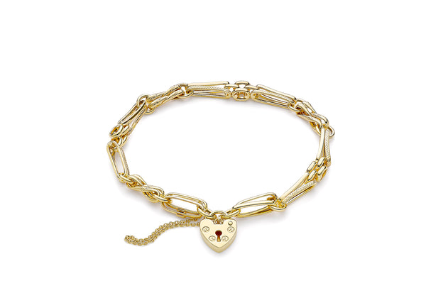 9ct Yellow Gold Bar Link and Panther Chain Padlock Bracelet