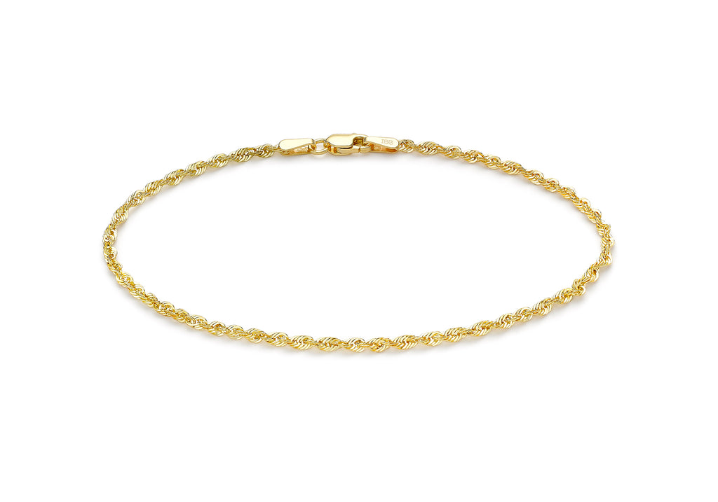 9ct Yellow Gold 2mm Rope Chain Bracelet 19m/7.5"9