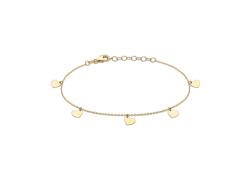 9ct Yellow Gold 5.9mm x 6mm 5-Heart Adjustable Bracelet 18m/7"-20m/8"9