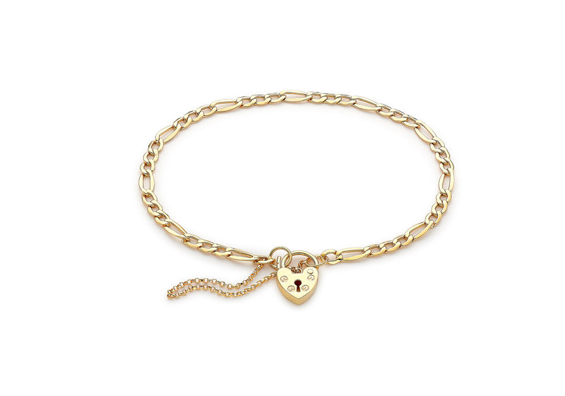 9ct Yellow Gold Figaro Padlock and Safety Chain Bracelet