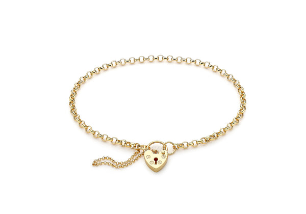 9ct Yellow Gold Round Belcher Padlock and Safety Chain Bracelet