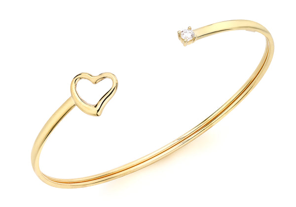 9ct Yellow Gold Flexible Heart and Zirconia  Bangle