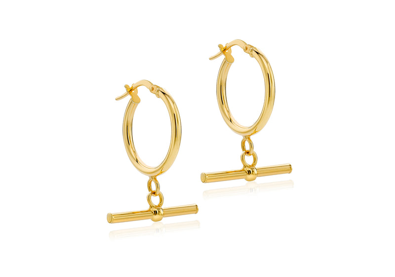 9ct Yellow Gold Round T-Bar Creole Hoop Earrings
