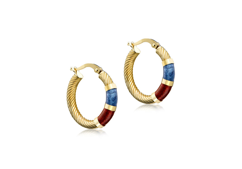 9ct Yellow Gold Blue and Red Enamel Twist Creole Earrings
