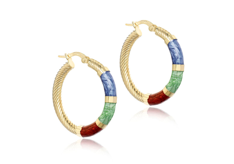 9ct Yellow Gold Blue, Green and Red Glaze Twist Hoop Earrings
