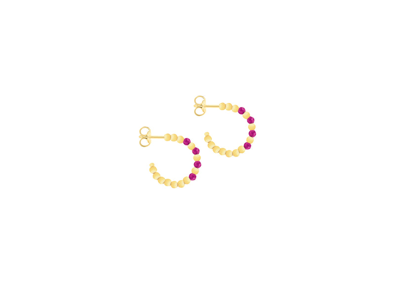 9ct Yellow Gold Red Corundum Open Hoop Stud Earrings