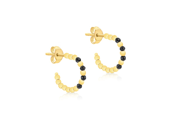 9ct Yellow Gold Black Zirconia Open Hoop Stud Earrings