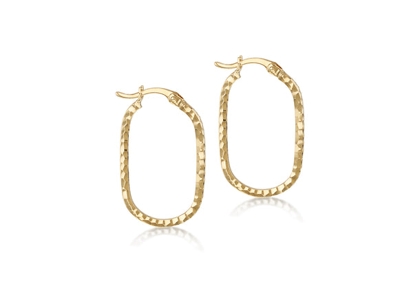 9ct Yellow Gold Diamond Cut Oblong Hoop Earrings