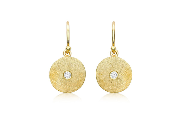 9ct Yellow Gold White Zirconia Brushed Discus Drop Earrings