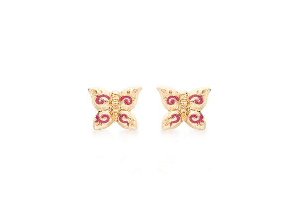 9ct Yellow Gold Pink Enamel Butterfly Stud Earrings