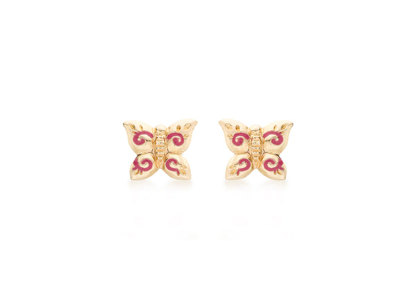 9ct Yellow Gold Pink Enamel Butterfly Stud Earrings