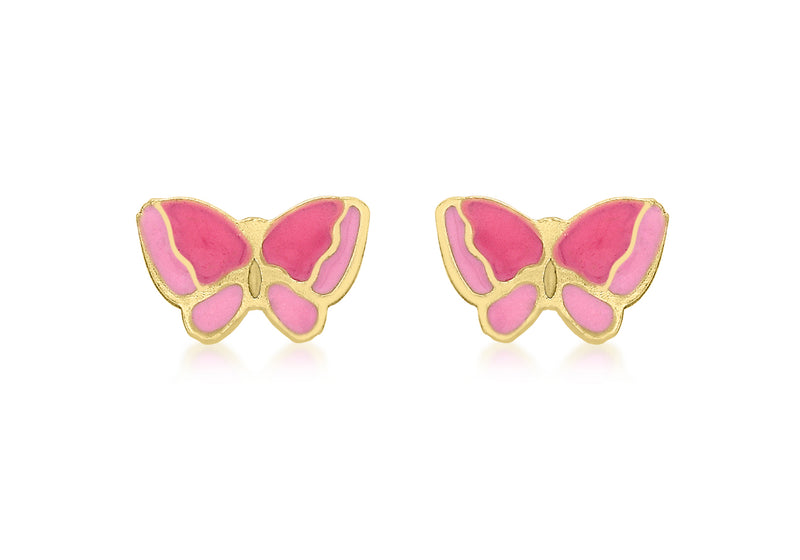 9ct Yellow Gold Pink Enamel Butterfly Stud Earrings