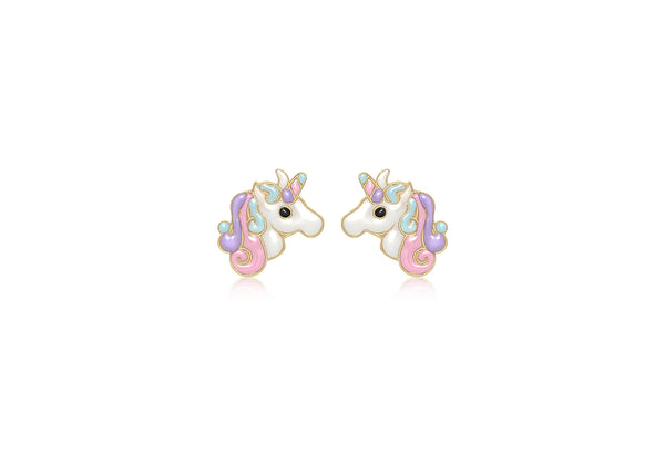9ct Yellow Gold Enamel Unicorn Stud Earrings