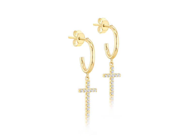 9ct Yellow Gold White Zirconia Cross Drop Earrings