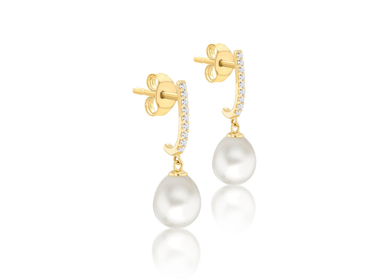 9ct Yellow Gold Freshwater Pearls and White Zirconia Drop Stud Earrings